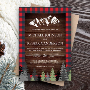 Invitation Mariage Montagnard au Bois Rustique à Carreaux Rou