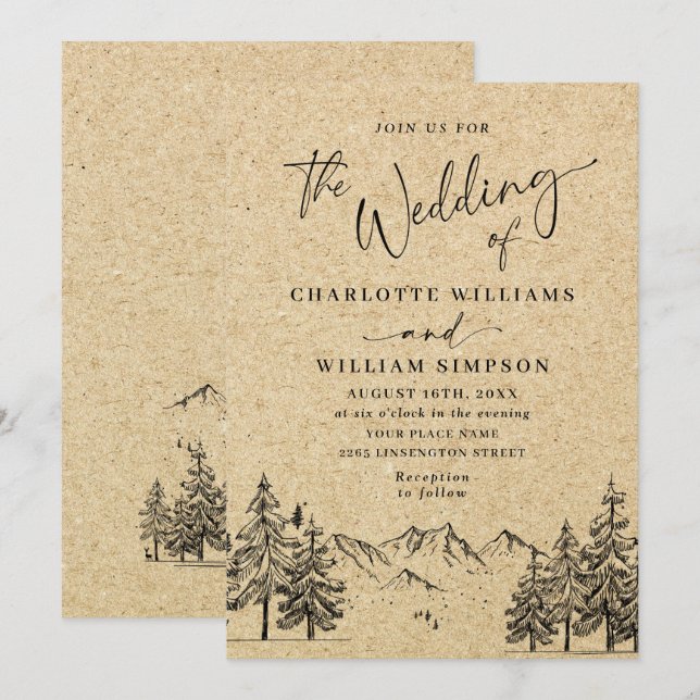 Invitation Mariage Montagnes Dessinées à la Main Papier Kraft (Devant / Derrière)