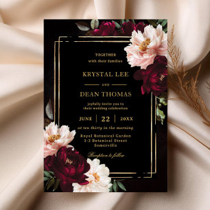 Invitation Mariage Moody Black Burgundy Blush Floral Peonies