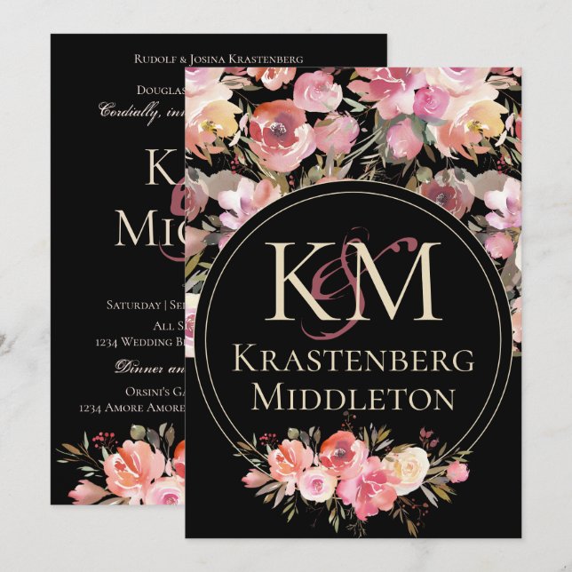 Invitation Mariage Moody foncé Monogram Blush Rose d'hiver (Devant / Derrière)