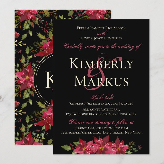 Invitation Mariage Moody foncé Monogram Claret Red Poinsettia (Devant / Derrière)