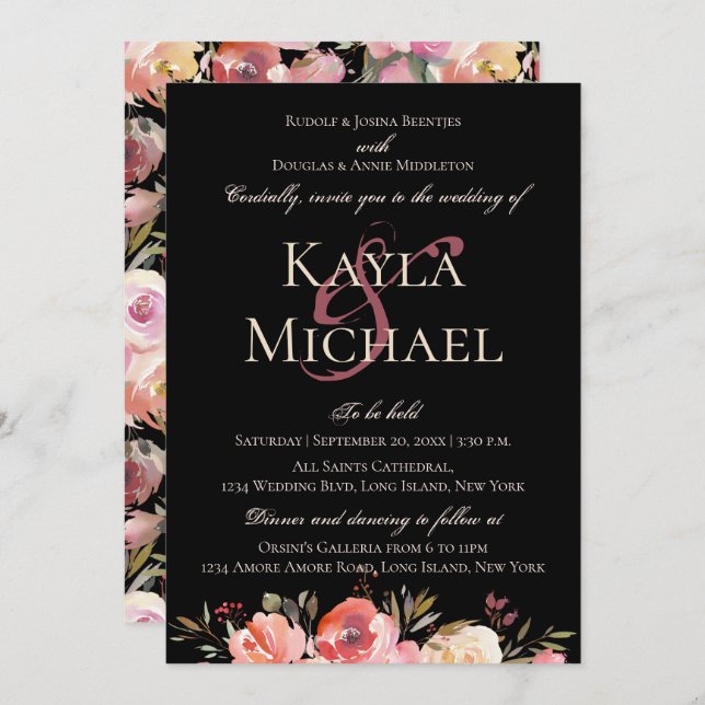 Invitation Mariage Moody foncé Monogramme Rose d'hiver Invita (Devant / Derrière)