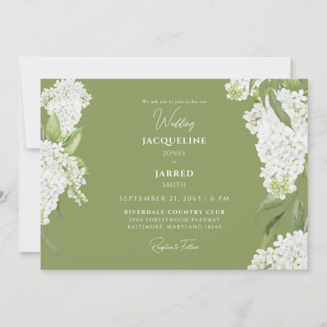 Invitation Mariage Moss Green White Hydrangeas (Devant)