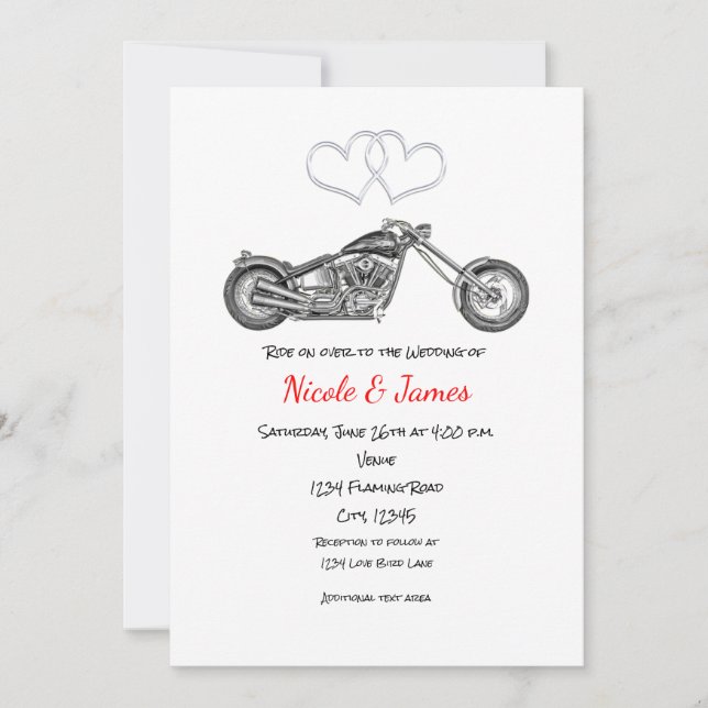 Invitation Mariage Motard & Cœurs en Argent (Devant)