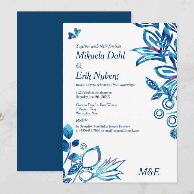 Invitation Mariage Motif bleu scandinave (Devant / Derrière)
