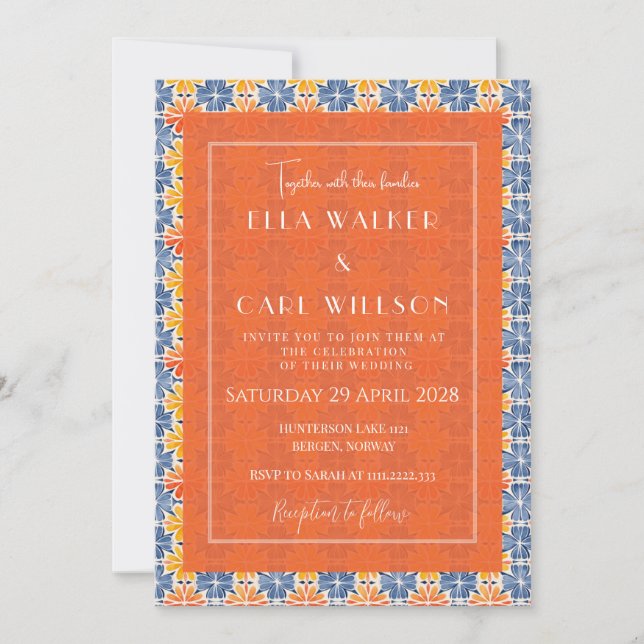 Invitation Mariage Motif de carreaux floraux Orange été (Devant)