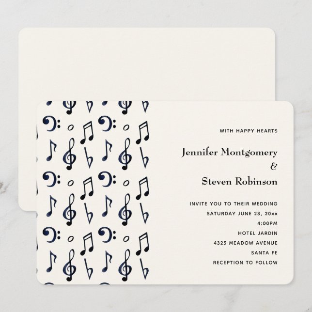Invitation Mariage Motif de notes musicales mignonnes (Devant / Derrière)