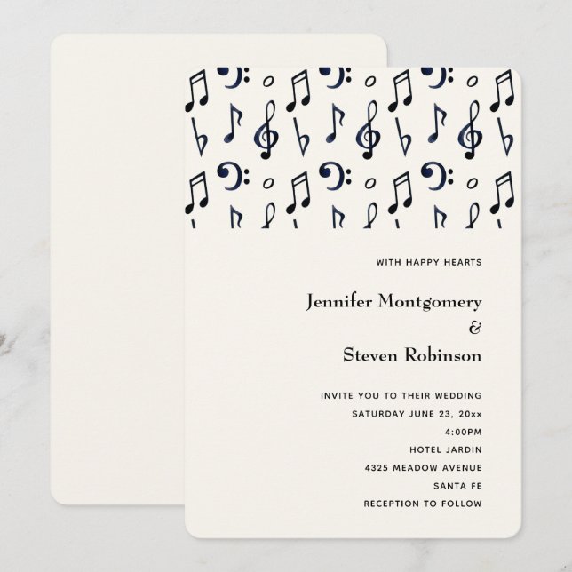 Invitation Mariage Motif de notes musicales mignonnes (Devant / Derrière)