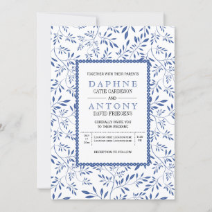 Invitation Mariage motif feuille bleu indigo moderne