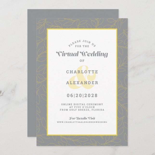 Invitation Mariage Motif moderne virtuel en ligne gris jaune (Devant / Derrière)