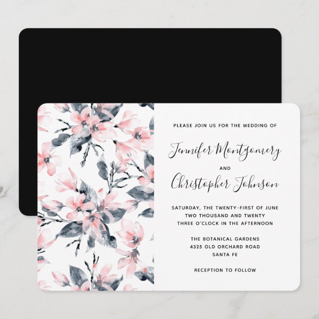 Invitation Mariage Motif rose et gris Floral (Devant / Derrière)
