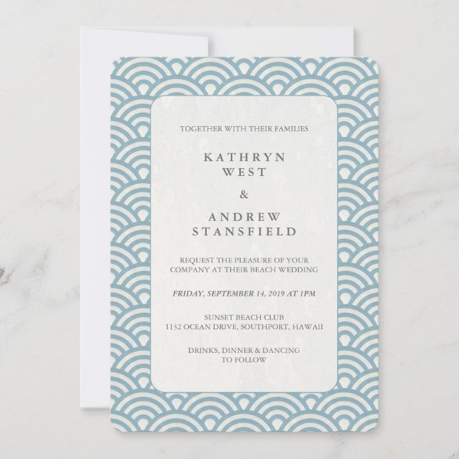 Invitation Mariage Motif Sea Blue + White Deco Wave (Devant)