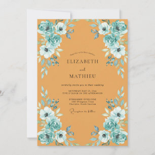 Invitation Mariage Moutarde Azur Paeonie