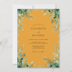 Invitation Mariage Moutarde Doré Feuillage Eucalyptus Poussié