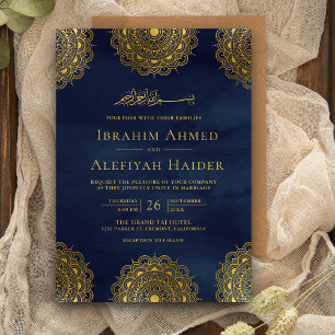Invitation Mariage Musulman à motif asiatique bleu marine et 