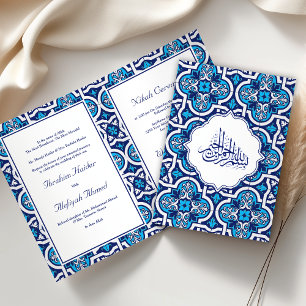 Invitation Mariage Musulman Arabesque Islamique Bleu et Blanc