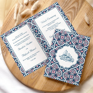Invitation Mariage musulman arabesque islamique bleu et rose