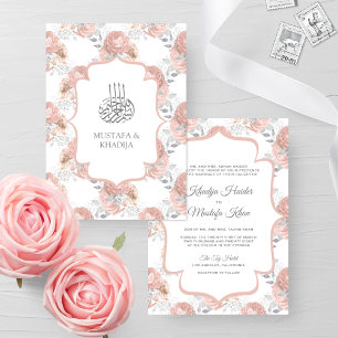 Invitation Mariage Musulman aux Roses Argent Rustique et Rose