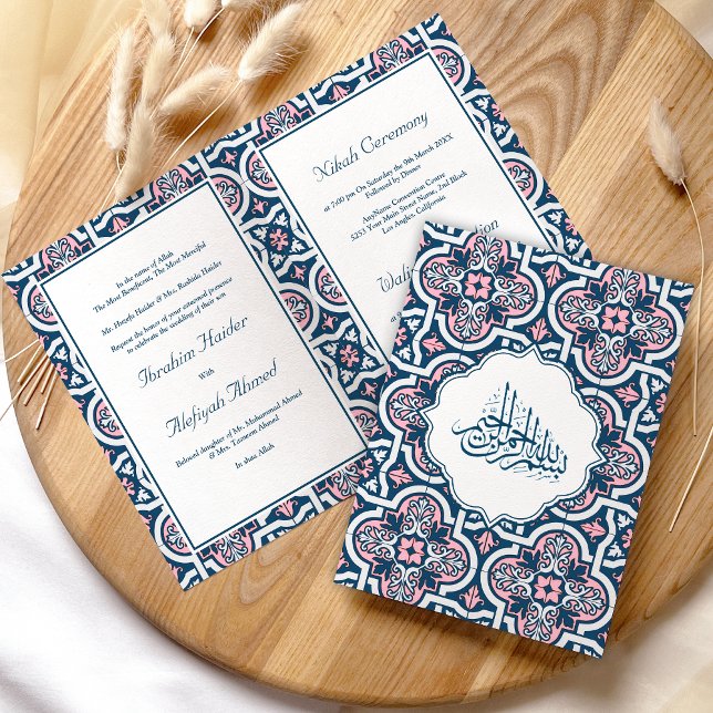Invitation Mariage musulman bleu et rose (Créateur téléchargé)
