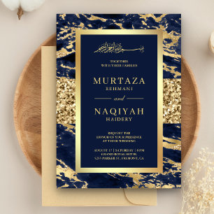 Invitation Mariage Musulman Bleu Nuit Marbre Paillettes Dorée