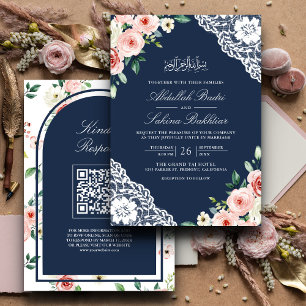 Invitation Mariage Musulman Code QR Bleu Nuit Floral Rose