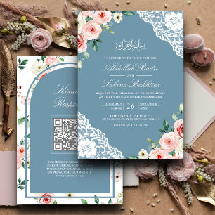 Invitation Mariage Musulman Code QR Broderie Bleue Douce Fleu