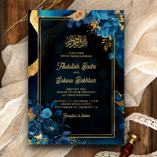 Invitation Mariage Musulman Code QR Fleurs Or Bleu Royal