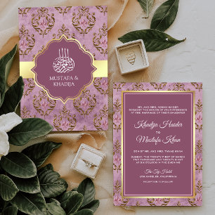 Invitation Mariage Musulman Damassé Lavande Or Rustique Vinta