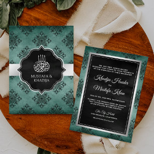 Invitation Mariage Musulman Damassé Noir Sarcelle Argent Rust
