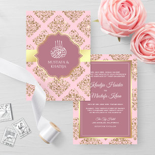 Invitation Mariage Musulman Damassé Or et Mauve Rustique