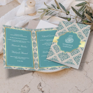 Invitation Mariage Musulman Damassé Sarcelle Burlap Rustique