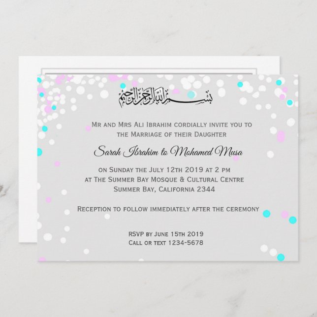 Invitation Mariage musulman de confettis blancs (Devant / Derrière)