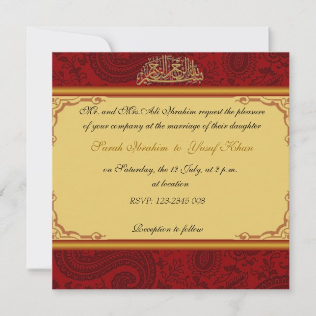Invitation Mariage musulman de damassé rouge (Devant)