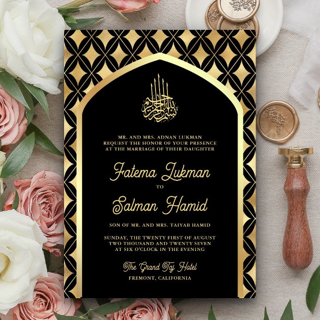 Invitation Mariage musulman de l'Arc de diamants d'or noir (Créateur téléchargé)