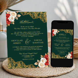 Invitation Mariage Musulman Émeraude Dentelle Dorée Fleurs Iv
