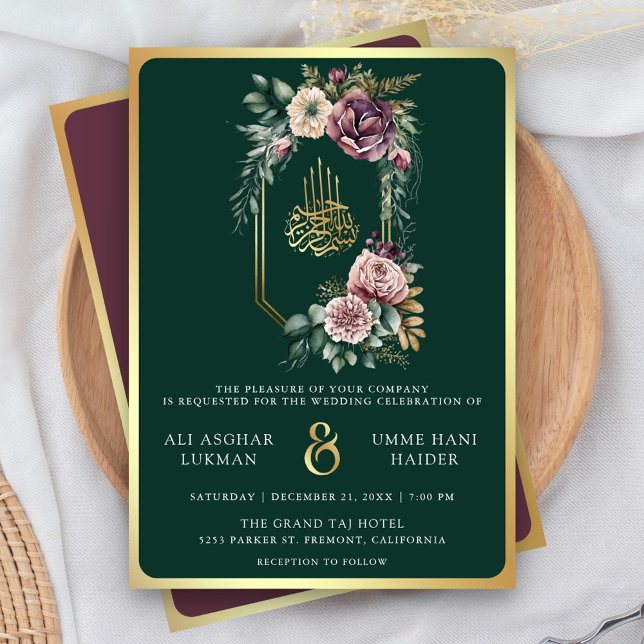 Invitation Mariage musulman émérite crête florale d'or violet (Créateur téléchargé)