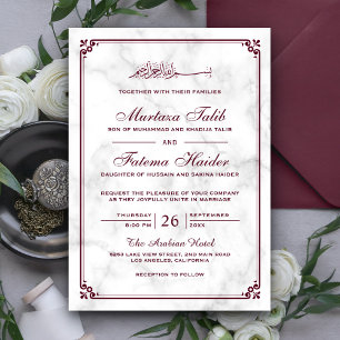 Invitation Mariage musulman en marbre blanc et bordure bordea
