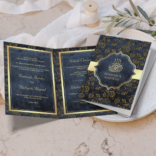 Invitation Mariage Musulman Filigrane Bleu Marine Or Rustique