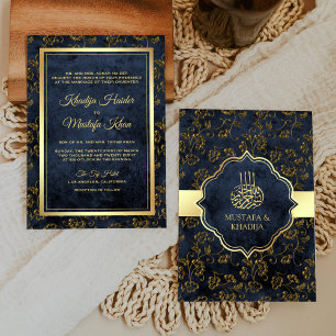 Invitation Mariage Musulman Filigrane Bleu Marine Or Rustique