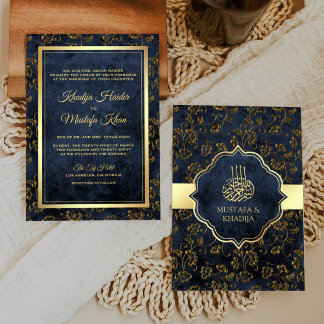Invitation Mariage Musulman Filigrane Bleu Marine Or Rustique