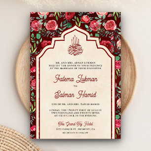 Invitation Mariage Musulman Fleurs Roses Rouges Marron Vintag