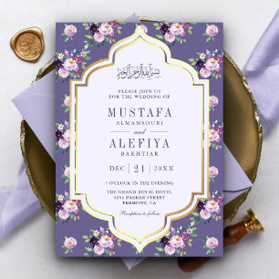 Invitation Mariage Musulman Floral Pourpre Or Pervenche