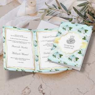 Invitation Mariage Musulman Floral Roses Blanches et Bleu Aqu
