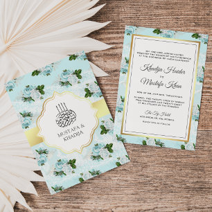 Invitation Mariage Musulman Floral Roses Blanches et Bleu Aqu