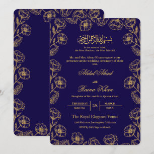 Invitation Mariage Musulman Islamique aux Fleurs Bleu Royal e
