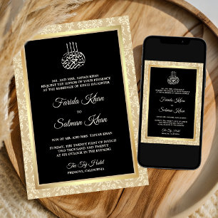 Invitation Mariage Musulman Islamique Damassé Crème Noir