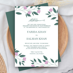 Invitation Mariage musulman islamique de branche verte rose e