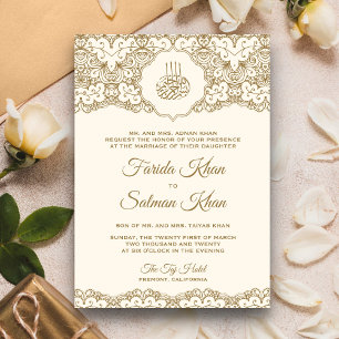 Invitation Mariage musulman islamique de dentelle crème et or