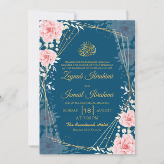 Invitation Mariage musulman islamique élégant floral bleu or