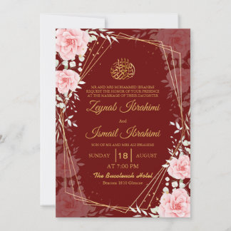 Invitation Mariage musulman islamique élégant floral rouge or